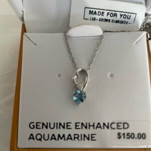 Birthstone GENUINE ENHANCED AQUAMARINE & DIAMOND STERLING SILVER NECKLACE 
NWB